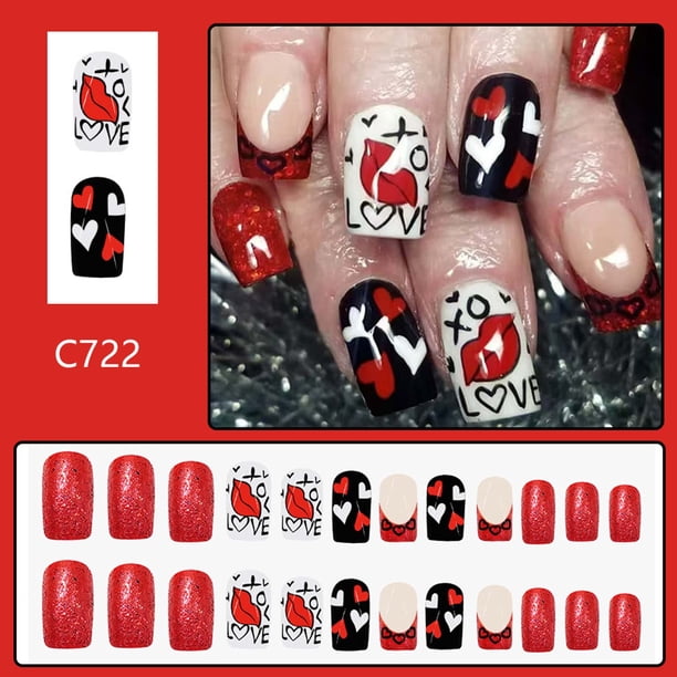 Uñas postizas, uñas postizas, regalos para mujeres, uñas postizas cortas, uñas acrílicas brillantes, uñas con diseño de corazón, uñas postizas artificiales, 24 piezas de parche para uñas.