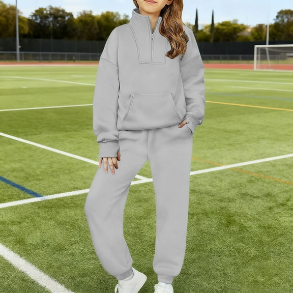 Gray Unisex Kids Coordinated Athletic Tracksuit 5-14 Years - 100% Polyester Quarter-Zip Jogger Set, Oversized Relaxed Fit for School & Outdoor Play,Size 9 T