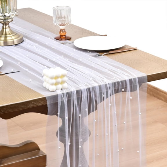 Gqtwoy Pearl Beaded Mesh Table Runner, Elegant Decoration for Weddings, Birthdays, Events, Charming Table Setting, Party Decor, Lightweight Polyester Tablecloth