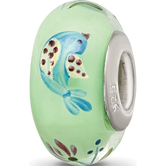Sterling Silver Ster.Silver Reflections Green Hand Painted Calico Bird Fenton Glass Bead Made In United States qrs3653