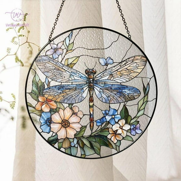 Dragonfly Stained Glass Suncatcher, Dragonfly Flower Suncatcher, Dragonfly Window Hanging,In Door Decoration,Kitchen Decoration,Gift for Mom
