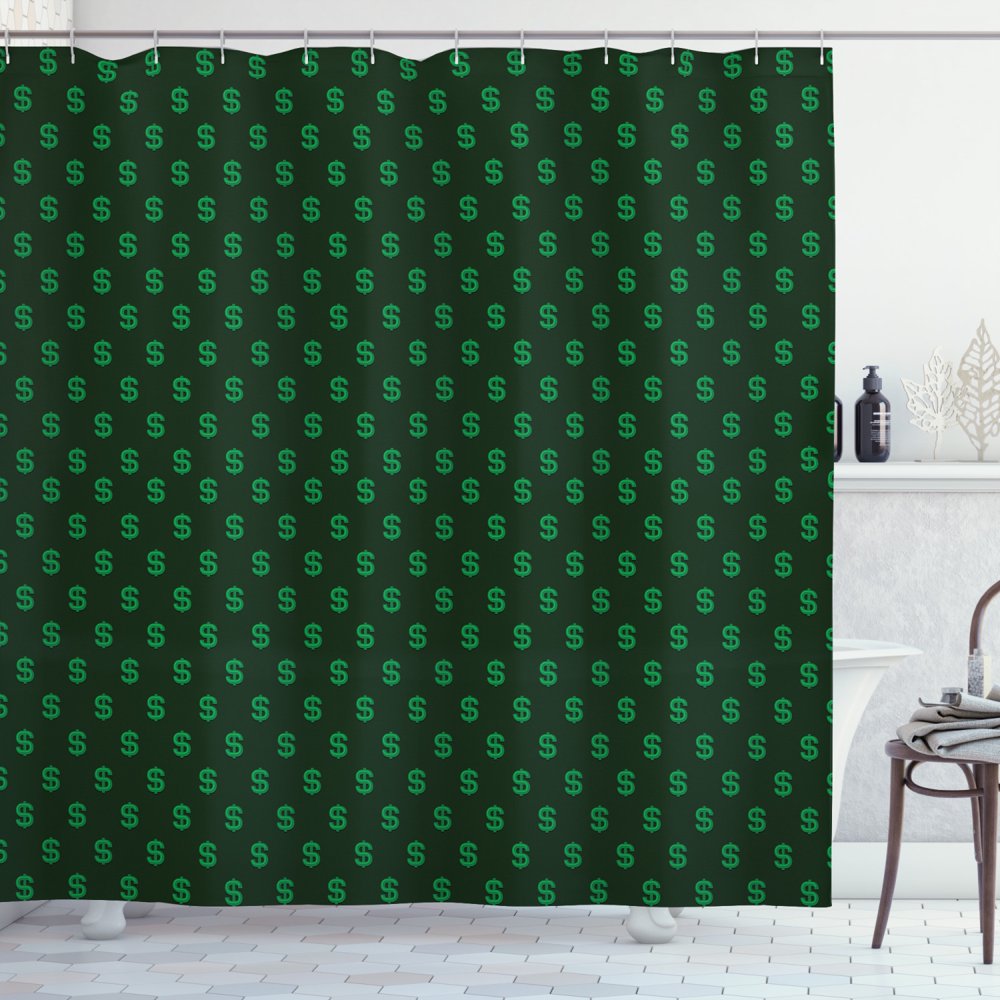 Money Shower Curtain, Pattern of Dollar Symbols on Dark Green