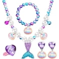 thumbnail image 1 of Muyoka Juego de 5 collares y pulseras de sirena para niñas y niños, kit de joyería de sirena, collar de cola de sirena con campana, pendiente de concha, pulsera de concha de perla, anillo de corazón d Muyoka Hogar, 1 of 7