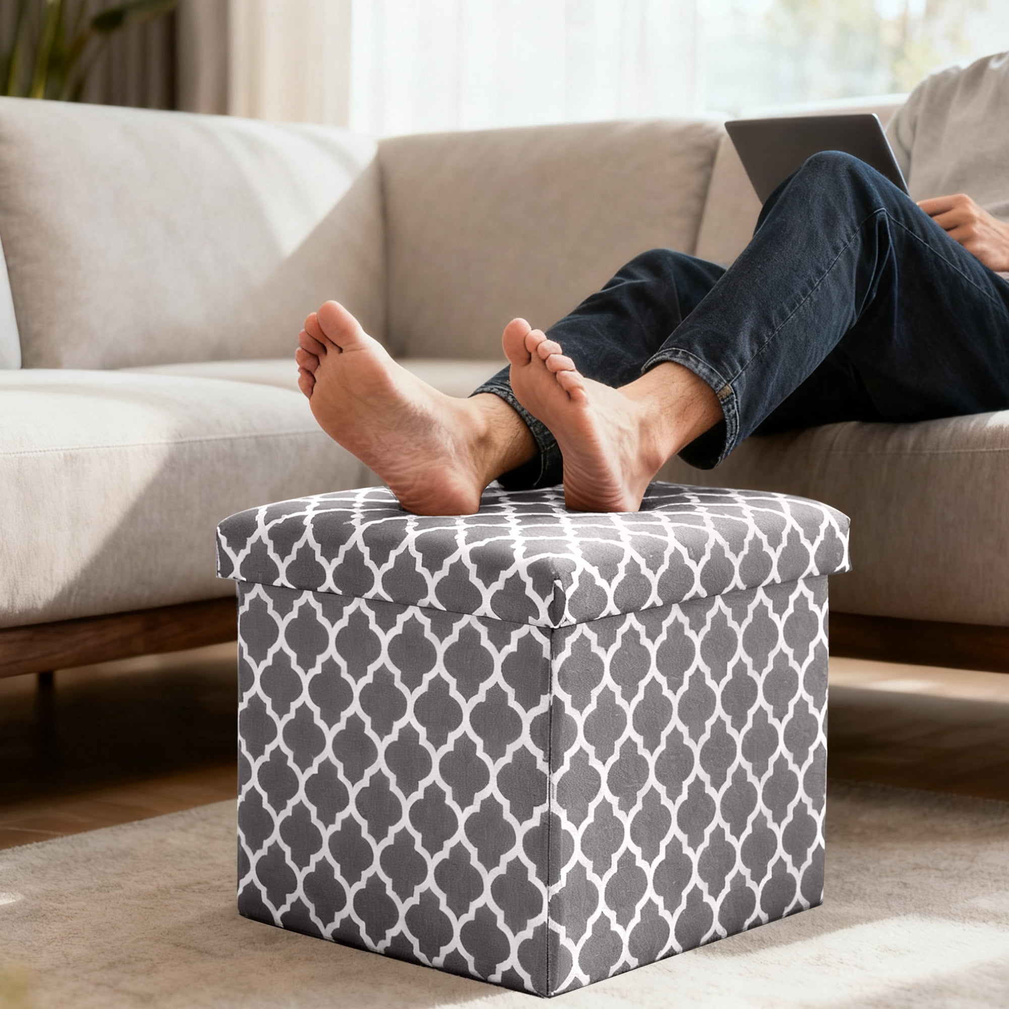 YEEZEE Storage Ottoman,Foldable Footstool with Thick Cushion for Living Room,14.9L*14.9W*13.8H,Grey