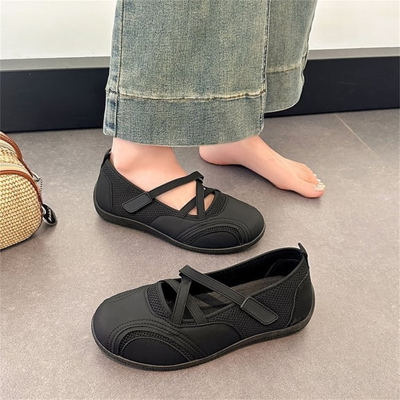 Nestiefly Mary Jane Shoes Ballet Sneakers for Women Casual Sneakers with Elastic Strap Non Slip Women's Ballet Flats Black 39