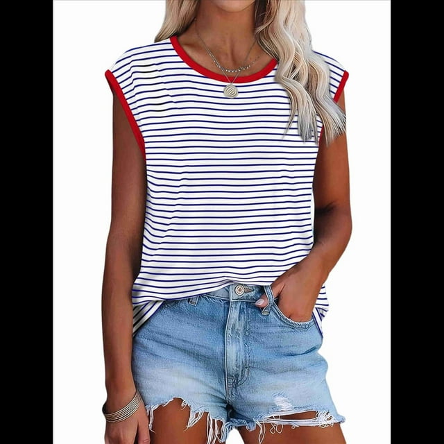 Tops de Mujer Elegantes e Informales de Verano A Rayas, Tops de Corta con Bloques de Color, Corte Holgado, Rojo M