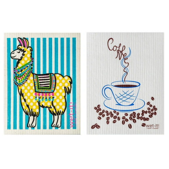 Wet-It! Swedish Treasures Dishcloth & Cleaning Cloth - Set of 2 - Llama & Coffee - (Paper Towel Replacement)
