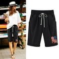 thumbnail image 2 of Women's Casual Cotton Linen Shorts Elastic Waist Drawstring Printed Summer Plus Size Knee Length Shorts with Pockets, 2 of 3