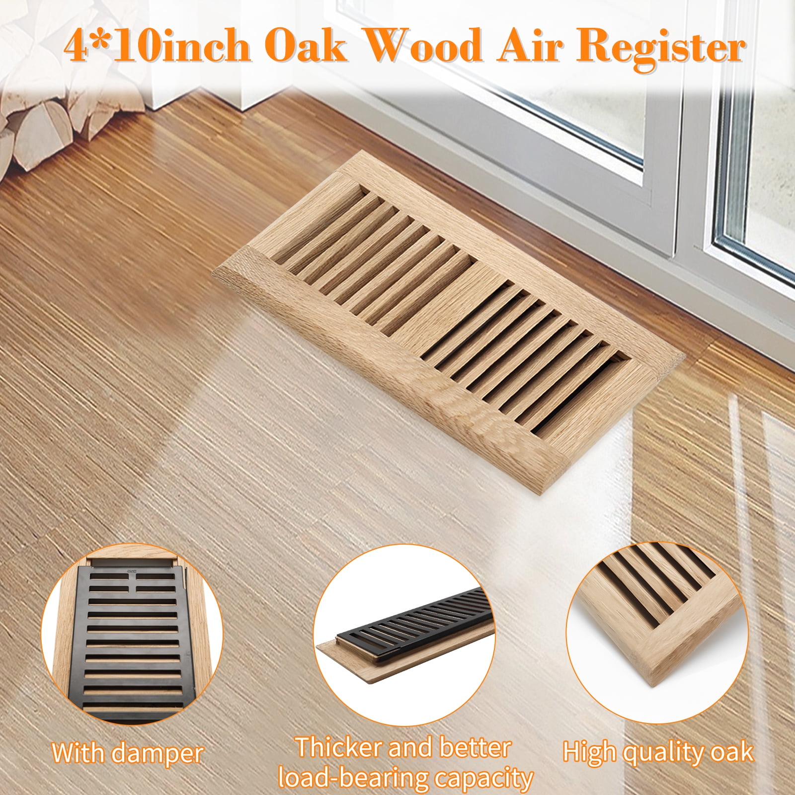 Pack of Two 4x10 inch White Oak Wood Floor - Drop in Vent Register with Damper Wooden Vents Covers