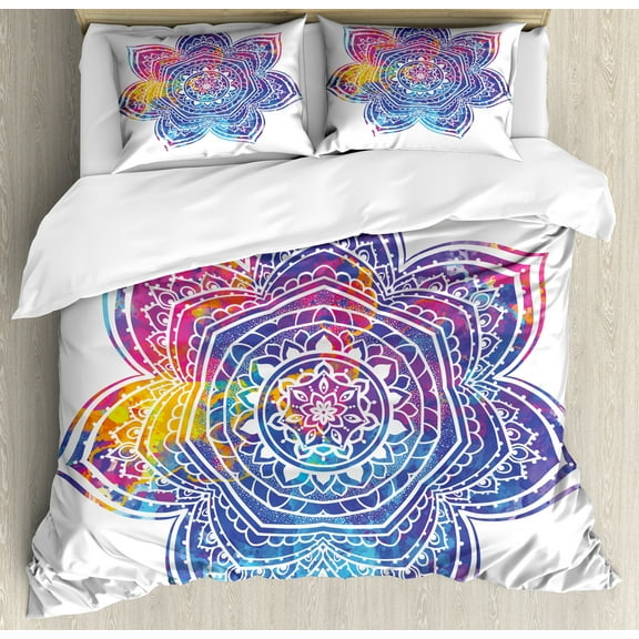 Lotus Duvet Cover Set, Watercolor Vivid Mandala Art, Decorative 3 Piece Bedding Set with 2 Pillow Shams, King Size, Earth Yellow Violet Blue, by Ambesonne