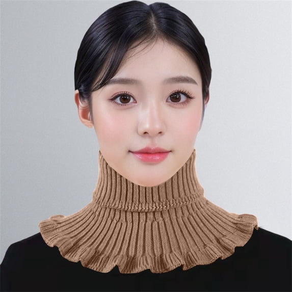 Xinmf Ladies Detachable False Turtleneck Collar Soft Knit Ruffled Edge Dickey Collar Stretch Fake Neck Warmer for Clothing Layering A111-Khaki One Size