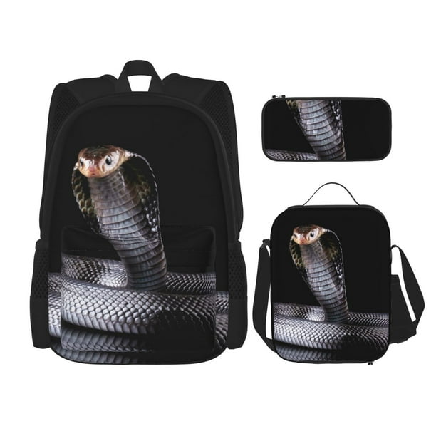 Disketp Black Cobra Snake Mochila Estampada de Gran Capacidad con Lonchera y Estuche, Set de 3 Piezas para Estudiantes