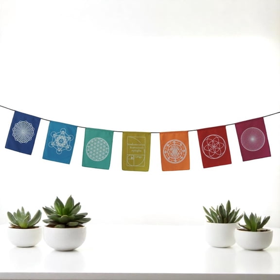 Sacred Geometry Rainbow Prayer Flags Positive Energy Shri Yantra, ( 6"X8" )