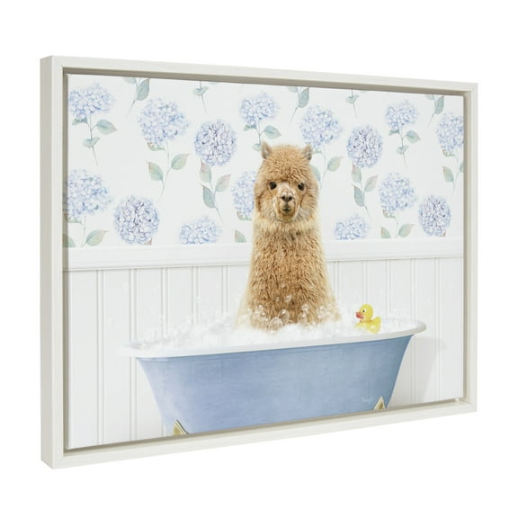 Kate and Laurel Sylvie Baby Alpaca in Hydrangea Bubble Bath Framed Canvas Wall Art by Amy Peterson Art Studio, 18x24 White, Cute Animal Bathtub Art for Wall