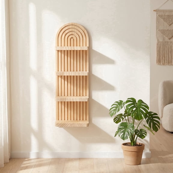 Shelf Decor Aesthetic - Arched Floating Shelf Mid-Century Modern 4 Tier Wall Shelf, Rainbow Wood Design for Bedroom Living Room Bathroom Office