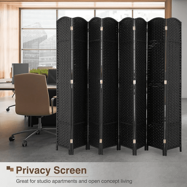 CL.HPAHKL 8 Panel Room Divider 5.57 ft Tall, Folding Privacy Screen with Hand-Woven Design & Solid Wood Frame, Freestanding Room Partition Panel for Home, Office, Black