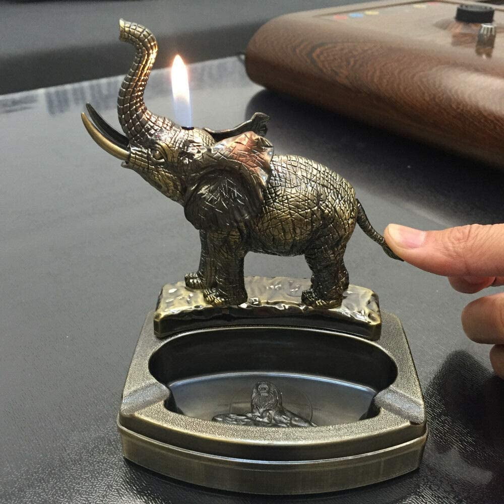 Piioket Elephant Shaped Cigarette Cigar Lighter Refillable Butane Gas Normal Flame Lighter with Ashtray Ash Tray