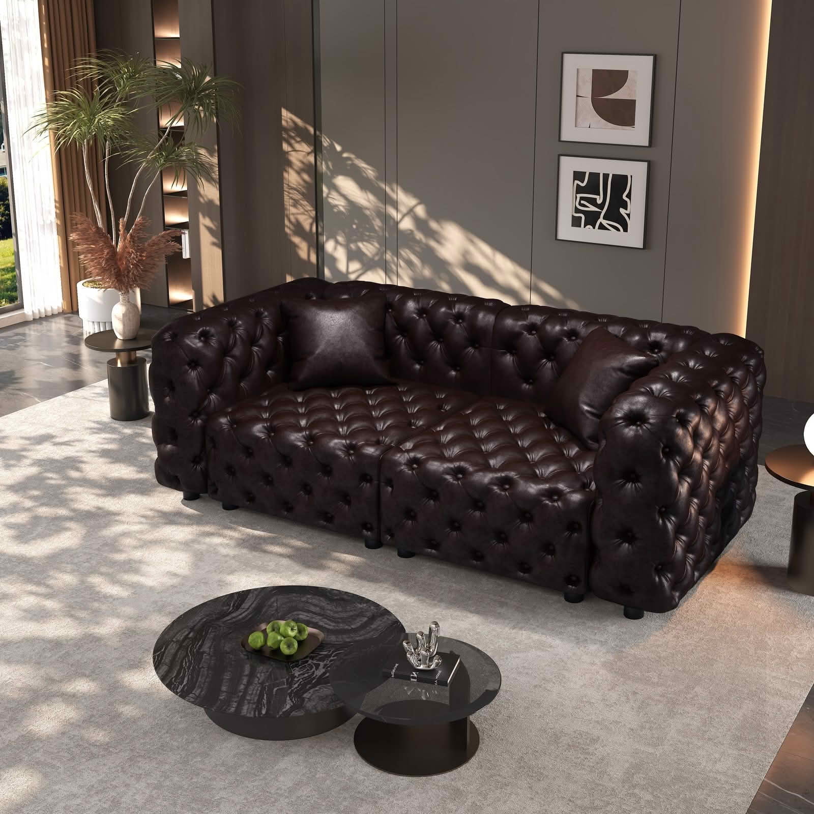 MAYEERTY 77 Inch Faux‑Leather 2‑Seat Modular Sofa, Handcrafted Button Tufted Couch with 2 Pillows, Multi‑Layout for Living Room & Small Apartment