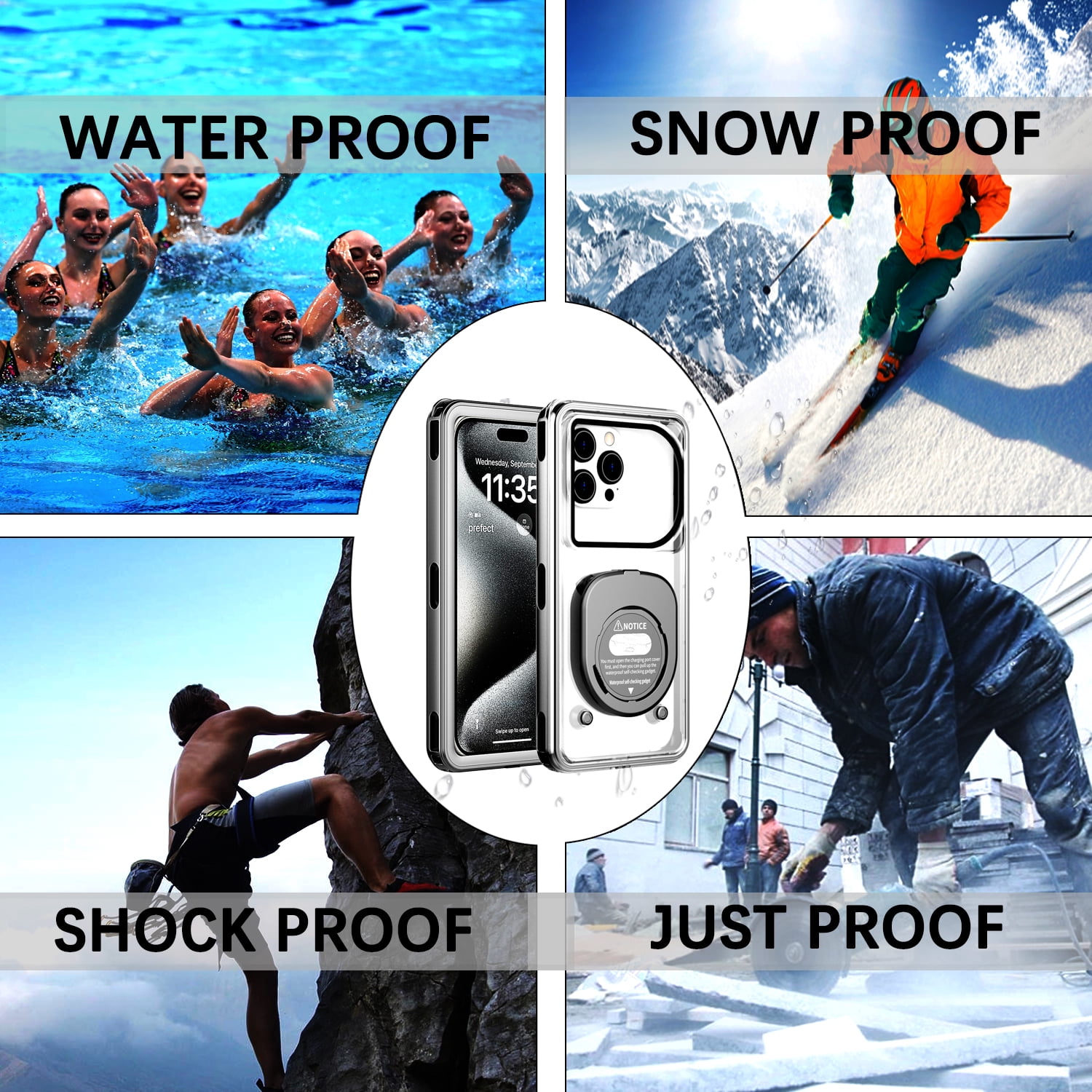 Foluu Waterproof Phone Case, Universal Self-Check Function Underwater Pouch Dry Bag Beach Travel Essentials, Black