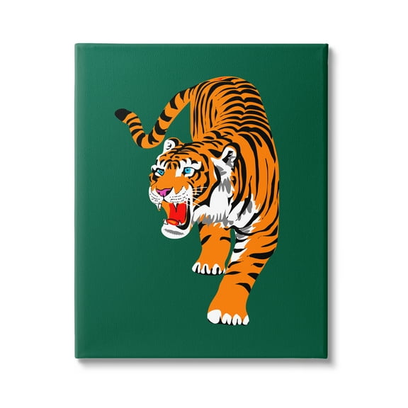 Stupell Industries Roaring Tiger on Green Animals & Insects Painting Gallery Wrapped Canvas Art Print Wall Art, 16 x 20