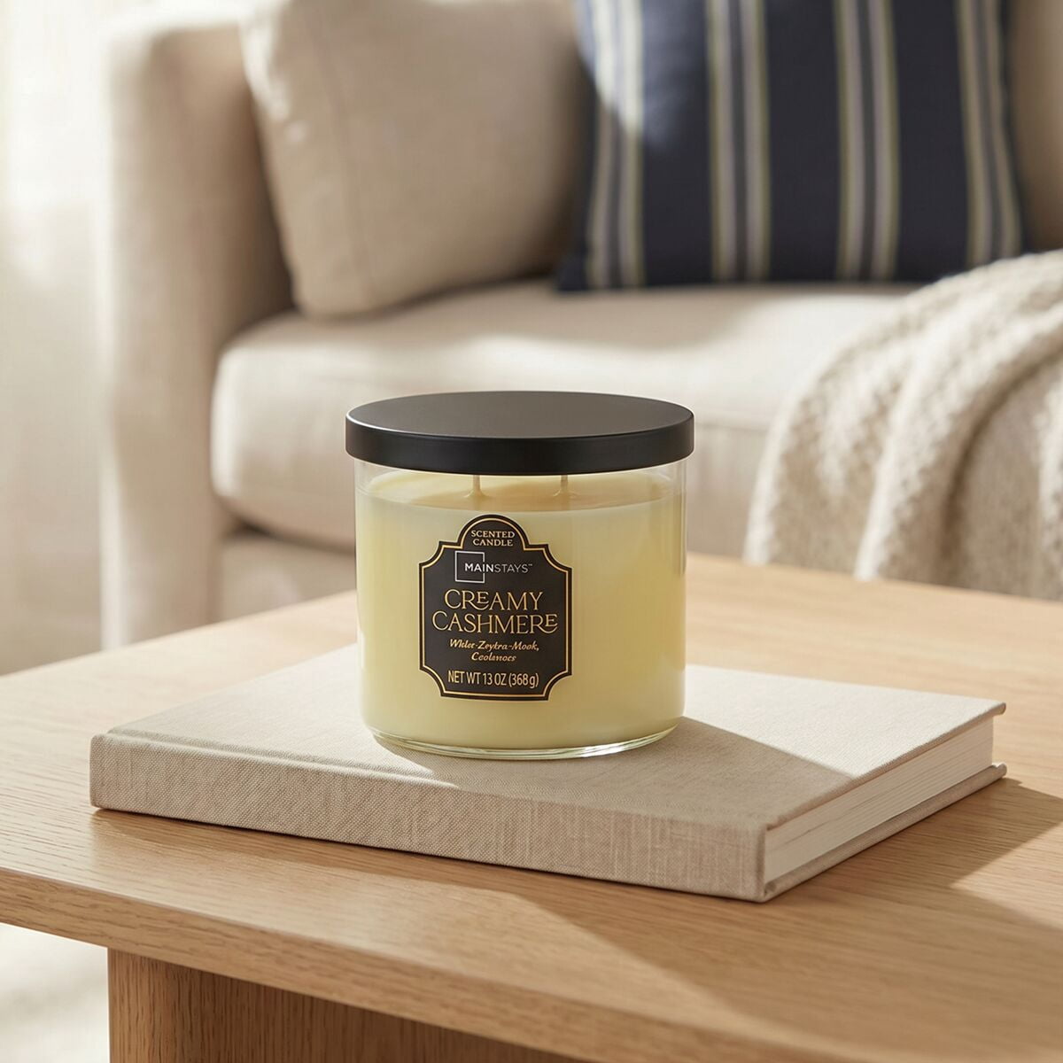 Mainstays 3-Wick Glass Jar Candle with Decorative Wrap, Creamy Cashmere, 13 oz