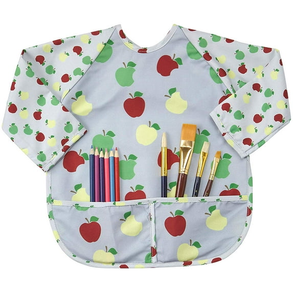 Abstract Kids Art Smock Apron - Apple Print Long Sleeve Waterproof Bib for Painting, Feeding and More - 2 Pockets - Microfiber with Vinyl Lining - Small