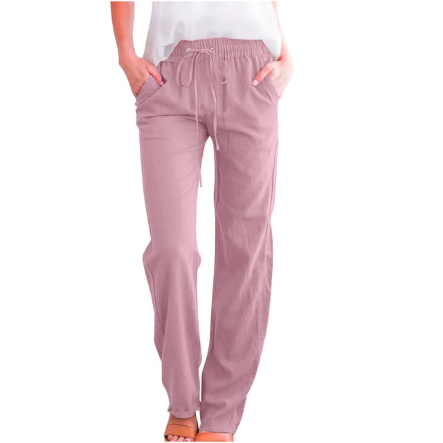 Dealovy Cotton Linen Pants for Women High Waisted Casual Solid Color Drawstring Straight Leg Trousers with Pockets