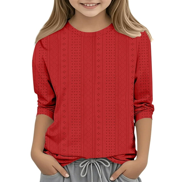 MKOSPLRT Hauts pour Enfants à Manches 3/4 Col Rond Décontracté Chic T-Shirts Tunique Brodée Œillet Confortable Blouses Unies 3-12 Ans