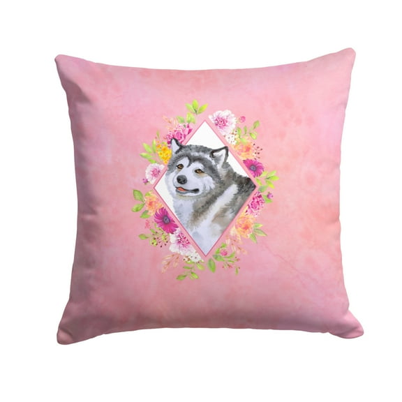 Carolines Treasures CK4112PW1414 Alaskan Malamute Pink Flowers Fabric Decorative Pillow  14Hx14W multicolor