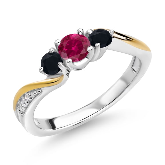 Gem Stone King 925 Sterling Silver Red Created Ruby Black Onyx and White Lab Grown Diamond 3 Stone Engagement Ring for Women (0.48 Cttw, Gemstone July Birthstone, Size 7)
