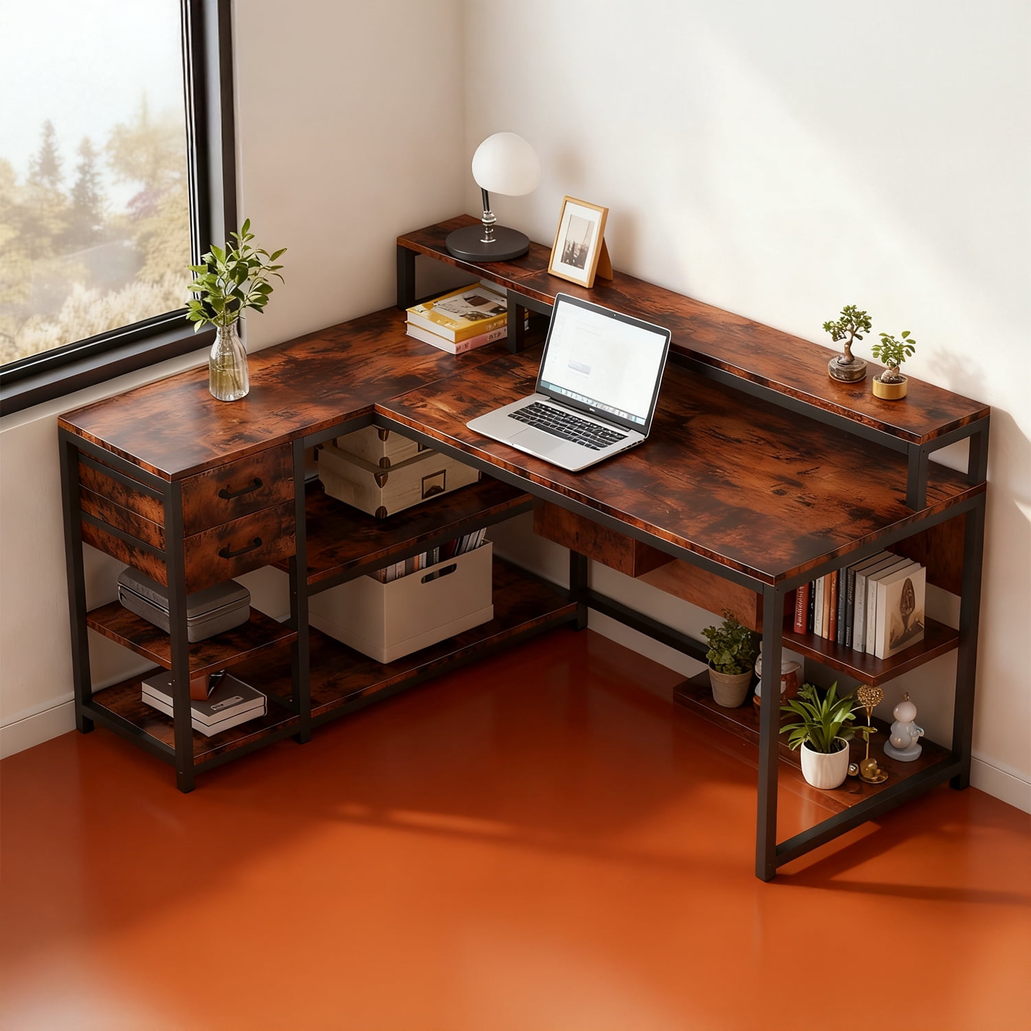 55" x 24" L Shaped Corner Desk With Drawers, Storage Shelves & Monitor Stand, Rustic Brown Home Office Gaming Study Computer Table For Small Space