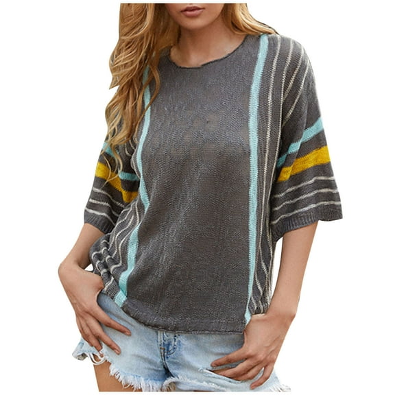 Taqqpue Womens Summer Tops Crew Neck 3/4 Sleeve Casual Striped Lightweight Knit Trendy Boho Clothes Pullover Sweaters