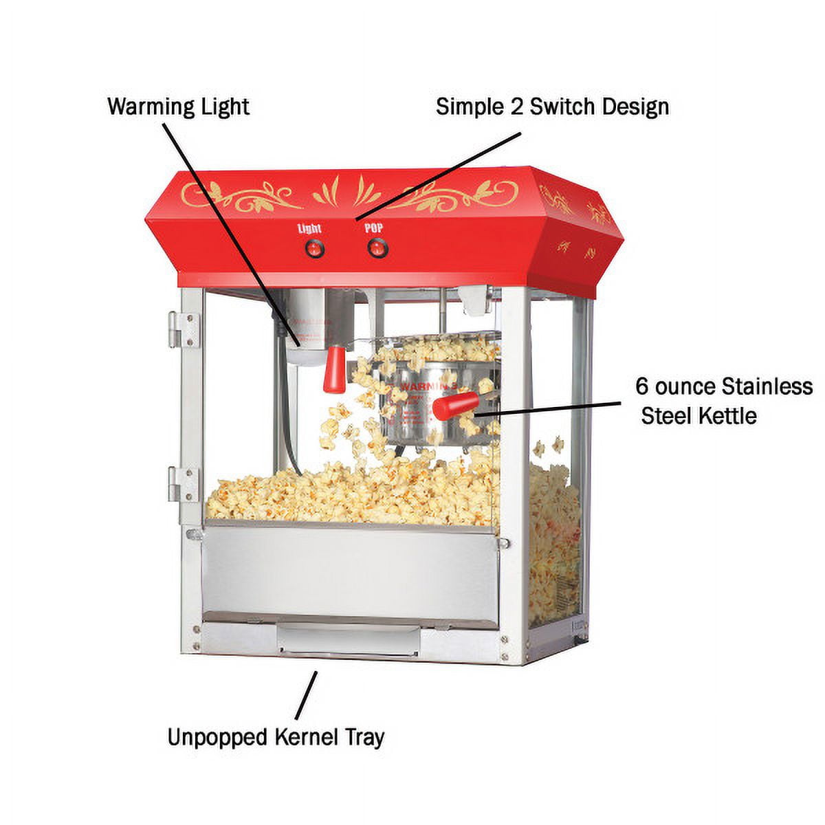Great Northern Popcorn 6oz Foundation Popcorn Maker Machine - 640W Popcorn Popper, Red