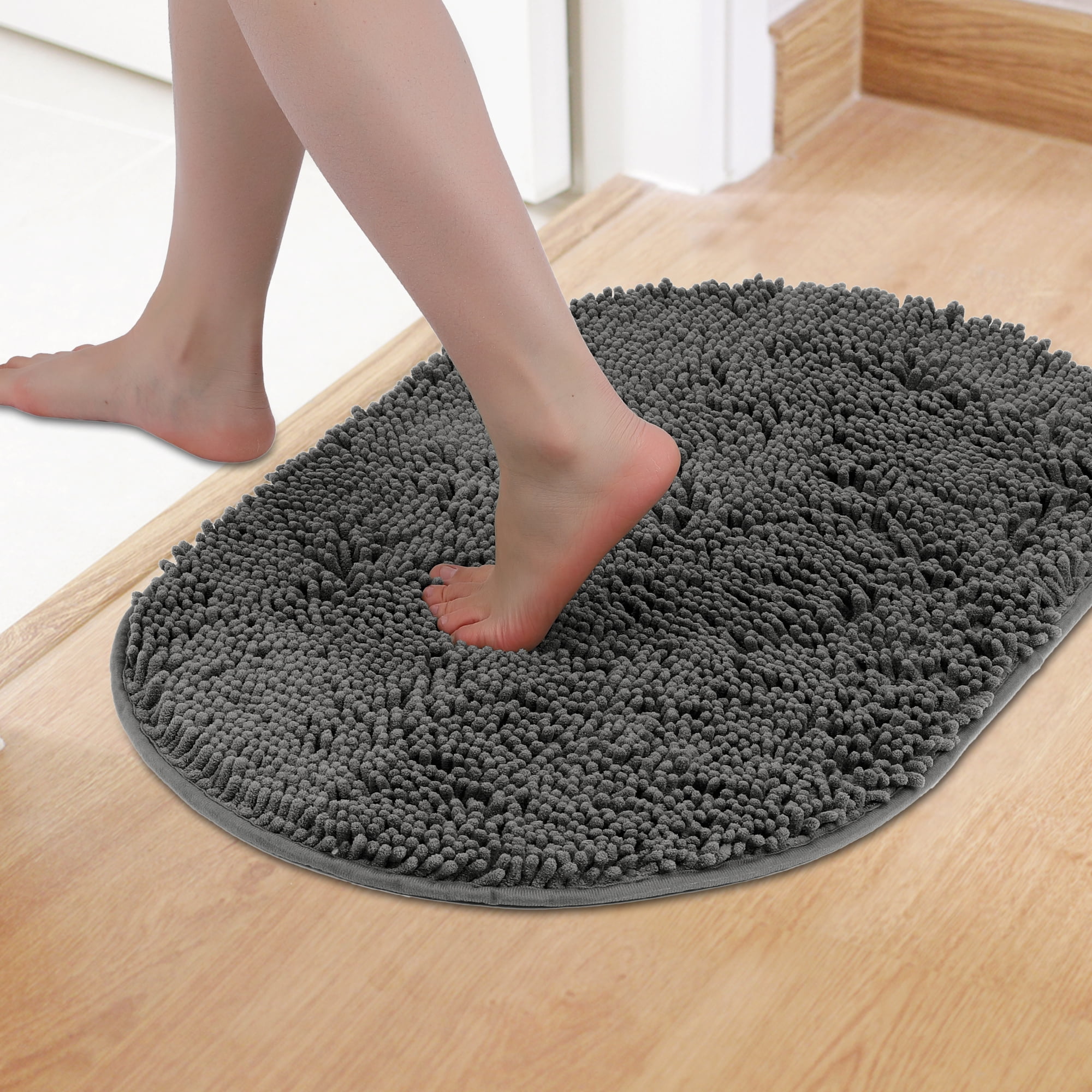 Unique Bargains 2 Pcs Oval Plush Mat Non Slip Washable Rug Grey 20" x 32"
