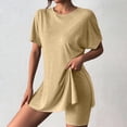 thumbnail image 2 of WAYUTE Short Sets Women 2 Piece Outfits Casual Solid Round Neck Short Sleeve Summer High Slit Top Shirt Shorts Set, 2 of 7