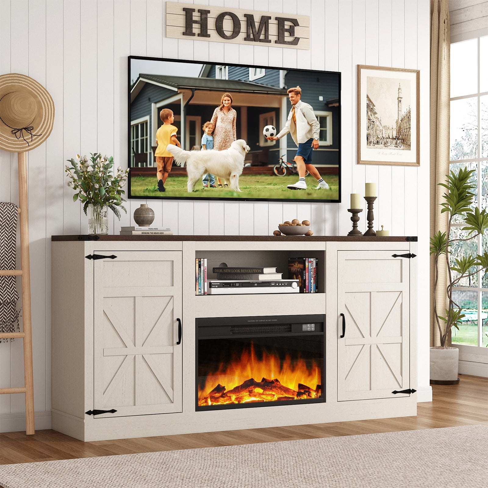 ChVans Farmhouse TV Stand with 26" Fireplace for 65"-75" TVs, 33" Tall Fireplace TV Entertainment Center Stand with Storage for Living Room