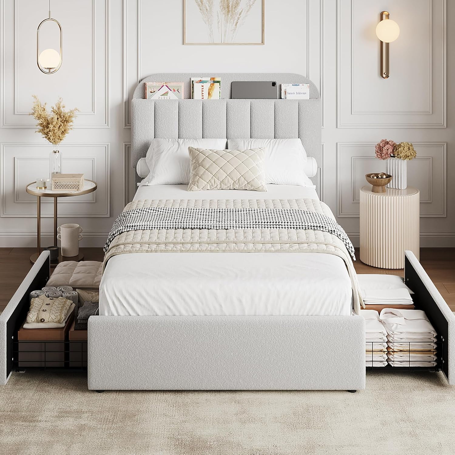 Twin Upholstered Bed Frame with Storage Headboard & 2 Drawers, Bookcase, Wood Slats, No Box Spring Needed. Grey