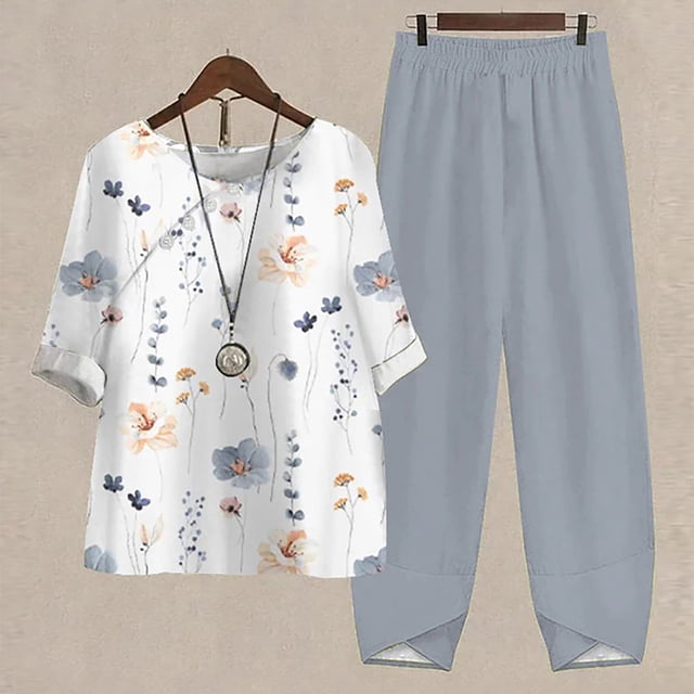 Ensembles 2 Pcs pour Femmes Été Ensemble Décontracté pour Femmes Col Rond Manches 5/4 Haut et Pantalon Impression Numérique Ensemble Deux Pièces Ensembles Grande Taille en Liquidation