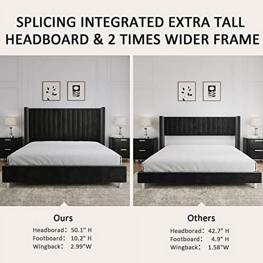 VanAcc Queen Velvet Tufted Upholstered Platform Bed Frame with Headboard , No Box Spring Needed, Cream