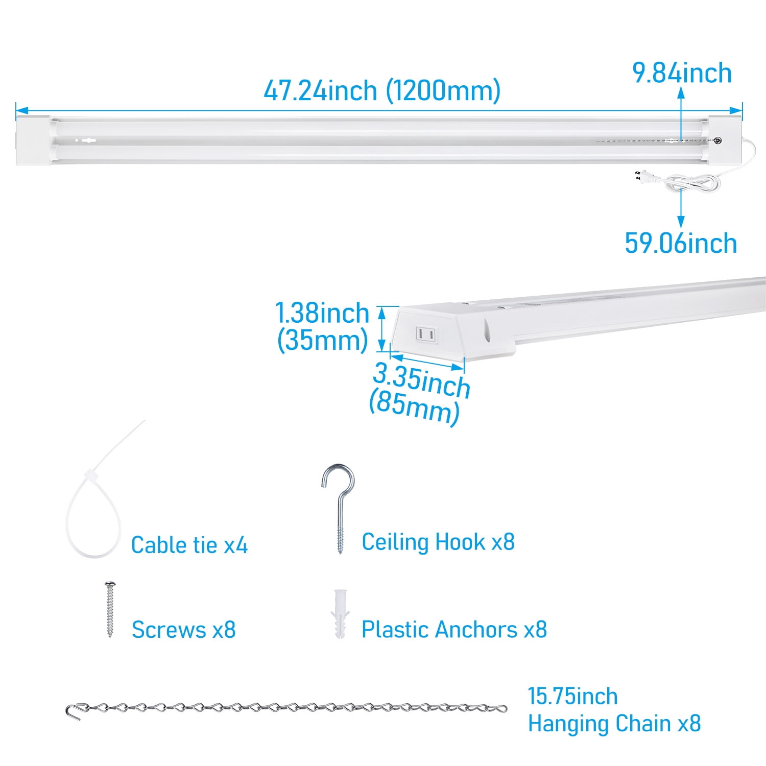 4 Pack Linkable LED Shop Light with Reflector for Garage, 4FT 40W Utility Light Fixture, 4000lm, 5000K Daylight LED Workbench Light with Power Cord, ETL