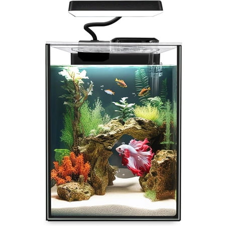 Glass Betta Aquarium Starter Kits 1.5 Gallon Small Fish Tank, Betta Fish Tank with LED Light, Power Filter, Black. 4mm Glass