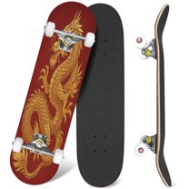 31'' Complete Skateboard 7 Layer Canadian Maple Double Kick Deck Skateboards Coiled Dragon gold RED Skate Board for Beginner Adult Gifts