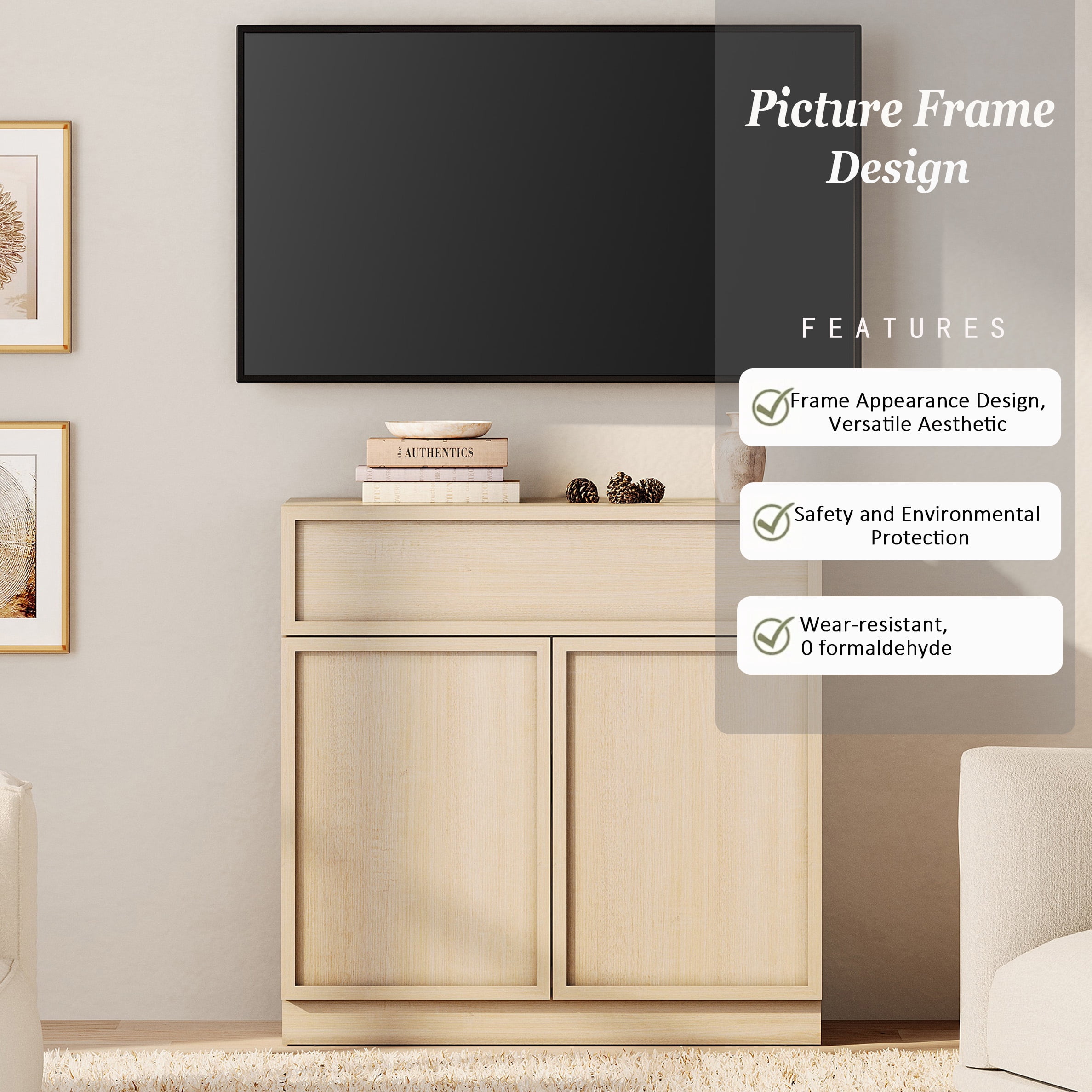 WAMPAT Modern TV Stand for TVs Up to 40", Wooden Entertainment Center TV Console with 2 Doors and Drawer, Media Console Cabinet with Adjustable Shelf for Living Room, Bedroom, Beige