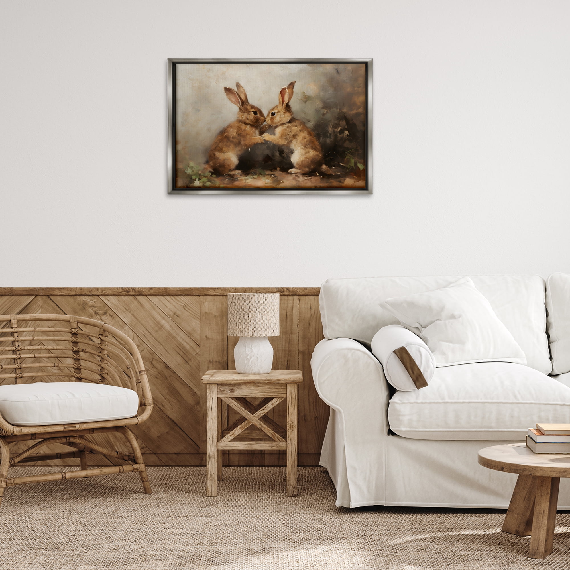 Stupell Industries Bunny Boxing Duo Animals & Insects Painting Gray Floater Framed Canvas Art Print Wall Art, 31 x 21