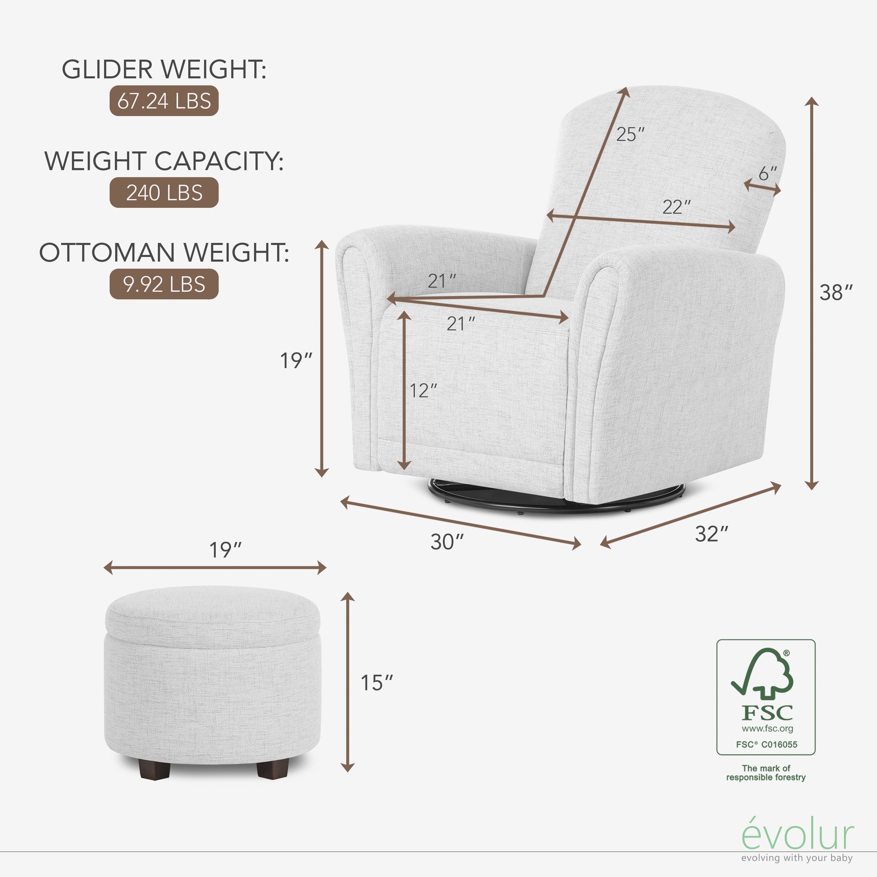 Evolur Vienna Swivel Glider with Ottoman, Greenguard Gold Certified, Made from Sturdy and Sustainable FSC-Certified Wood, Fog