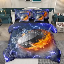 Homewish Ice Hockey Sport 7pcs Bedding Comforter Set,Ball Game Queen Bedding Sets,Blue Black Hexagon Queen Sheet Sets For Boys Kids,Ultra Soft Home Decor Reversible