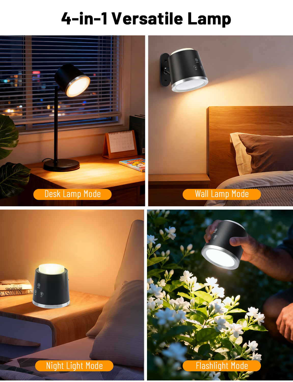 SUNLINKCO LED Desk Lamp, Magnetic Wall Mount LED Lights, 4-in-1 Rechargeable Night Light, USB Battery Powered Dimmable Cordless Table Lamp with 3 Color Modes, Reading Lighting for Bedroom, Work