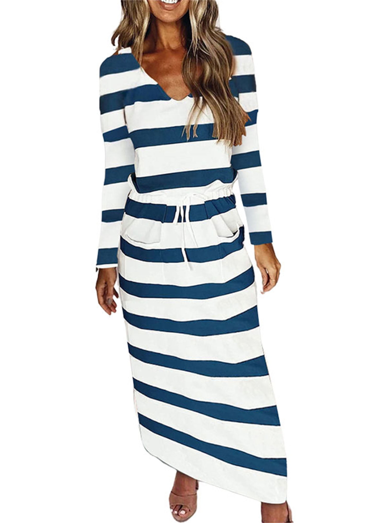 HODOD Women Half Sleeve Stripe Elastic Waist Pocket Ruffle Loose Mini Casual Dress 