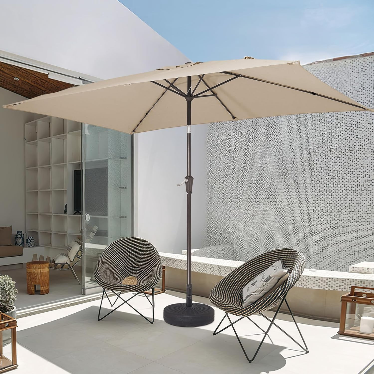 6.5x10 ft Rectangular Patio Umbrellas Outdoor Umbrella with Push Button Tilt and Crank, Market Table Umbrella 6 Sturdy Ribs UV Protection for Poolside Garden Backyard Deck, Black-White Stripe
