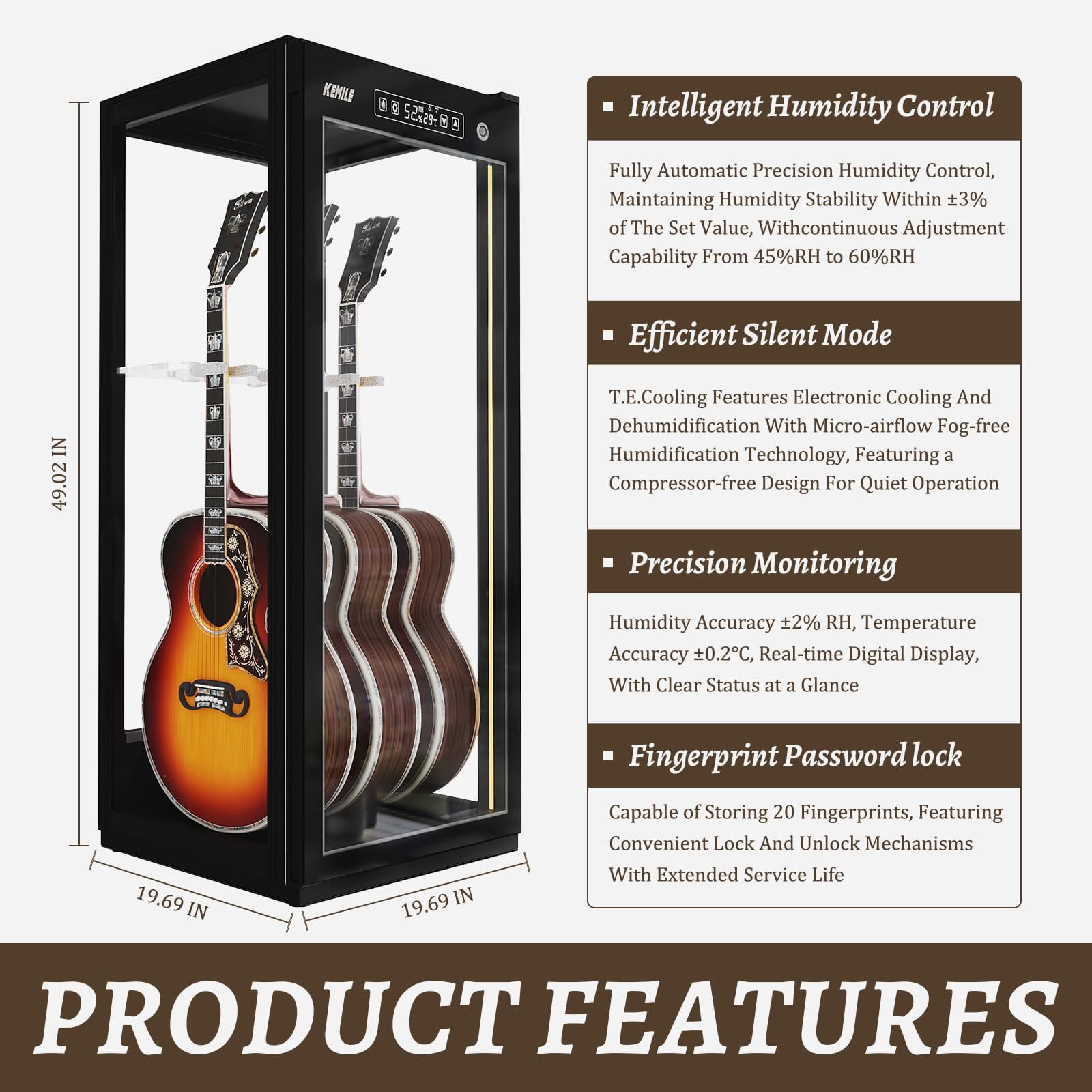 Chehery Guitar Display Case with Humidification, Constant Temperature, Fingerprint Lock, Holds 3 Acoustic/4 Electric Guitars, 4‑Sided Glass Cabinet